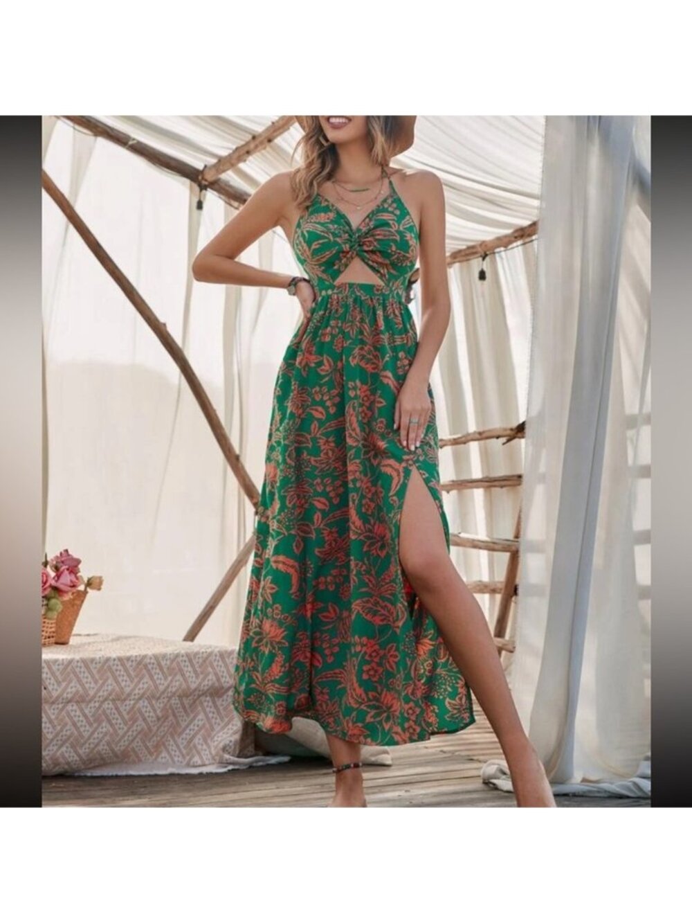 Boho floral print shirred cami maxi dress